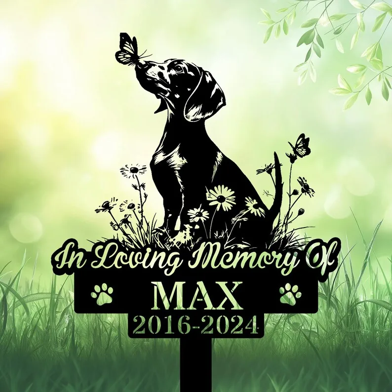 il_794xN.7799851485_8jne Black dog memorial garden stake with butterflies and flowers, reading In Loving Memory Of MAX 2016-2024.
