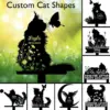 Silhouette art of cats with floral designs, featuring names and dates, set against a green background.