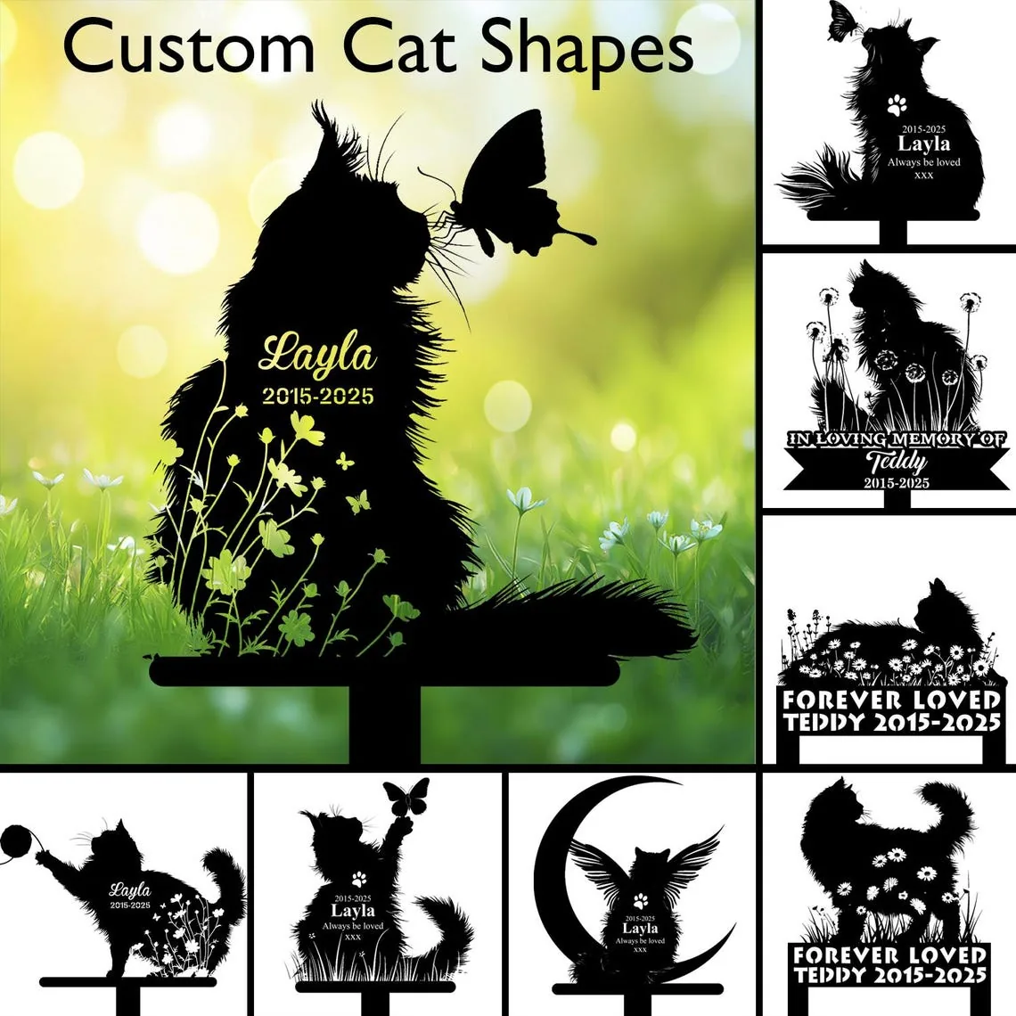 Silhouette art of cats with floral designs, featuring names and dates, set against a green background.