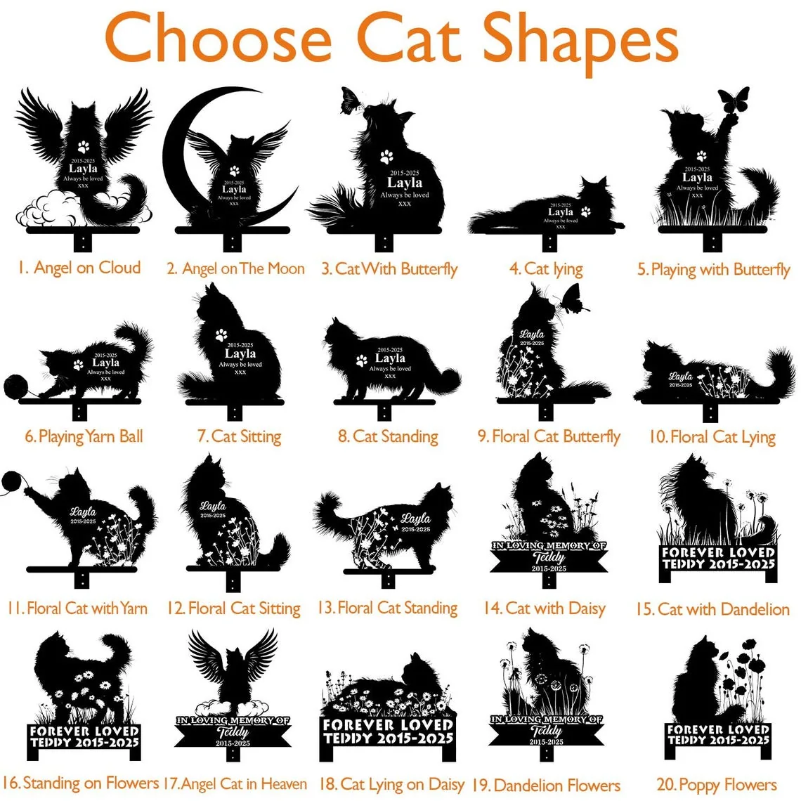 Various cat silhouette designs with different themes and names, displayed in a grid format.