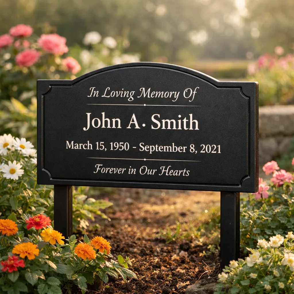 Metal memorial plaque for grave in a quiet flower garden