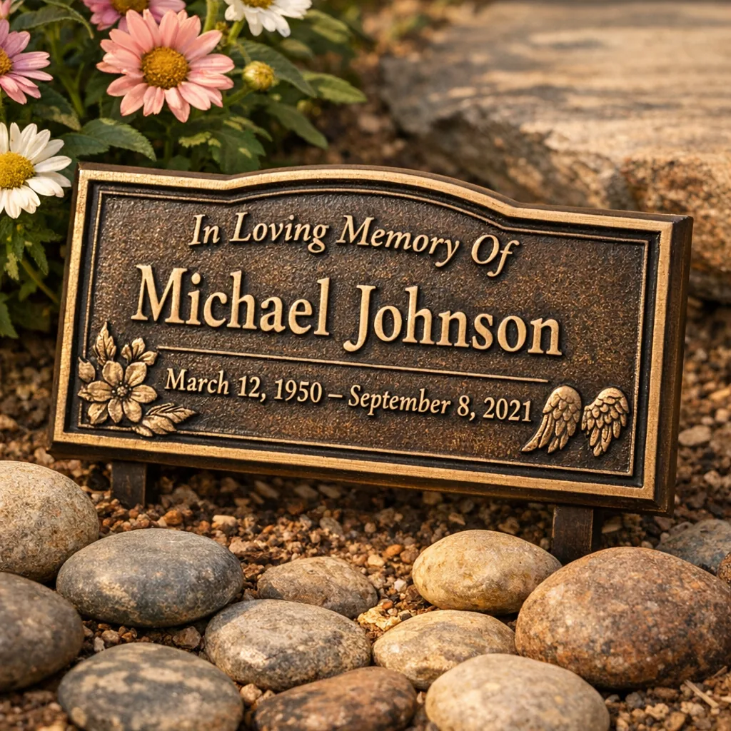 Personalized metal memorial garden plaque with name and dates