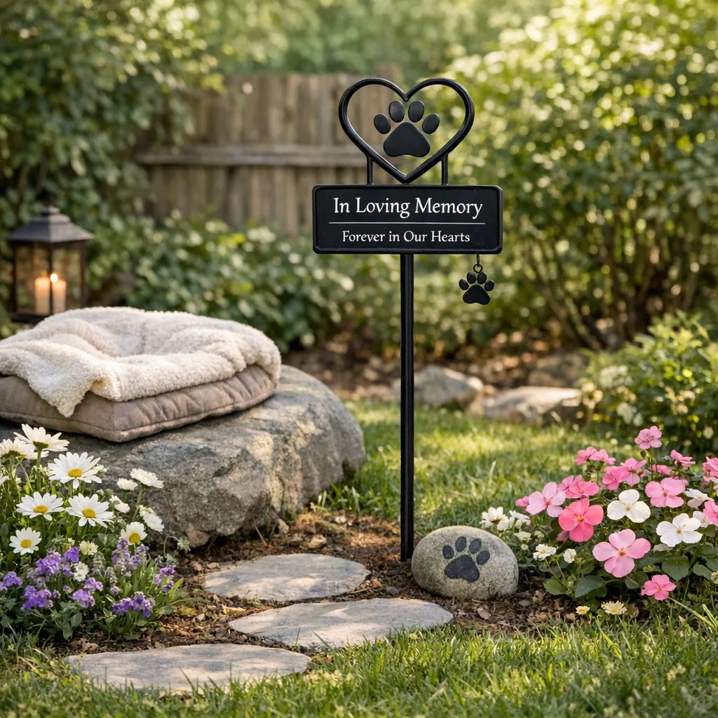Pet memorial plaque in a peaceful backyard garden area