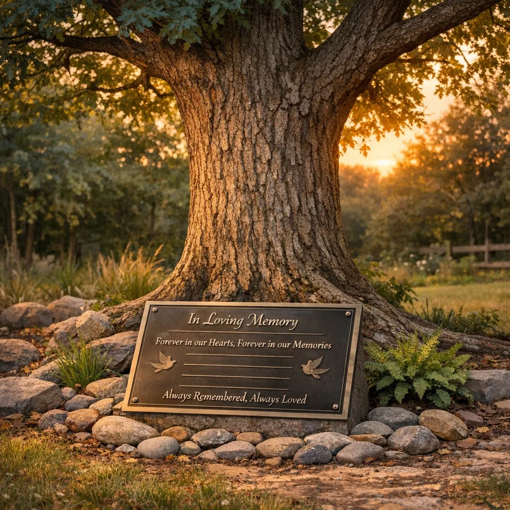 Metal remembrance plaque placed near a memorial tree