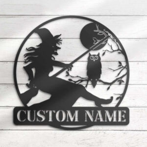 Moon Witch Riding Broom Metal Sign