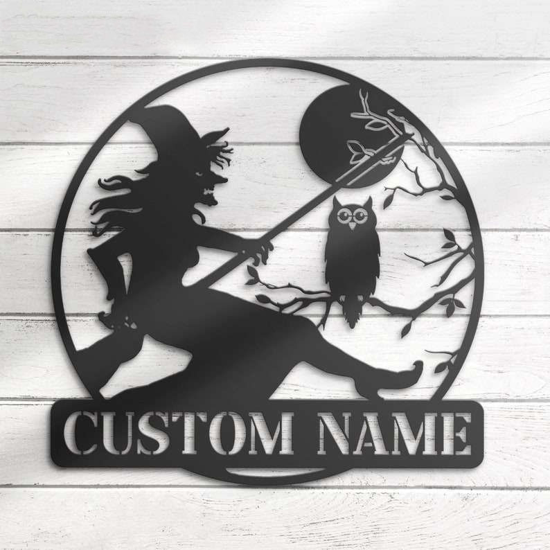 Moon Witch Riding Broom Metal Sign