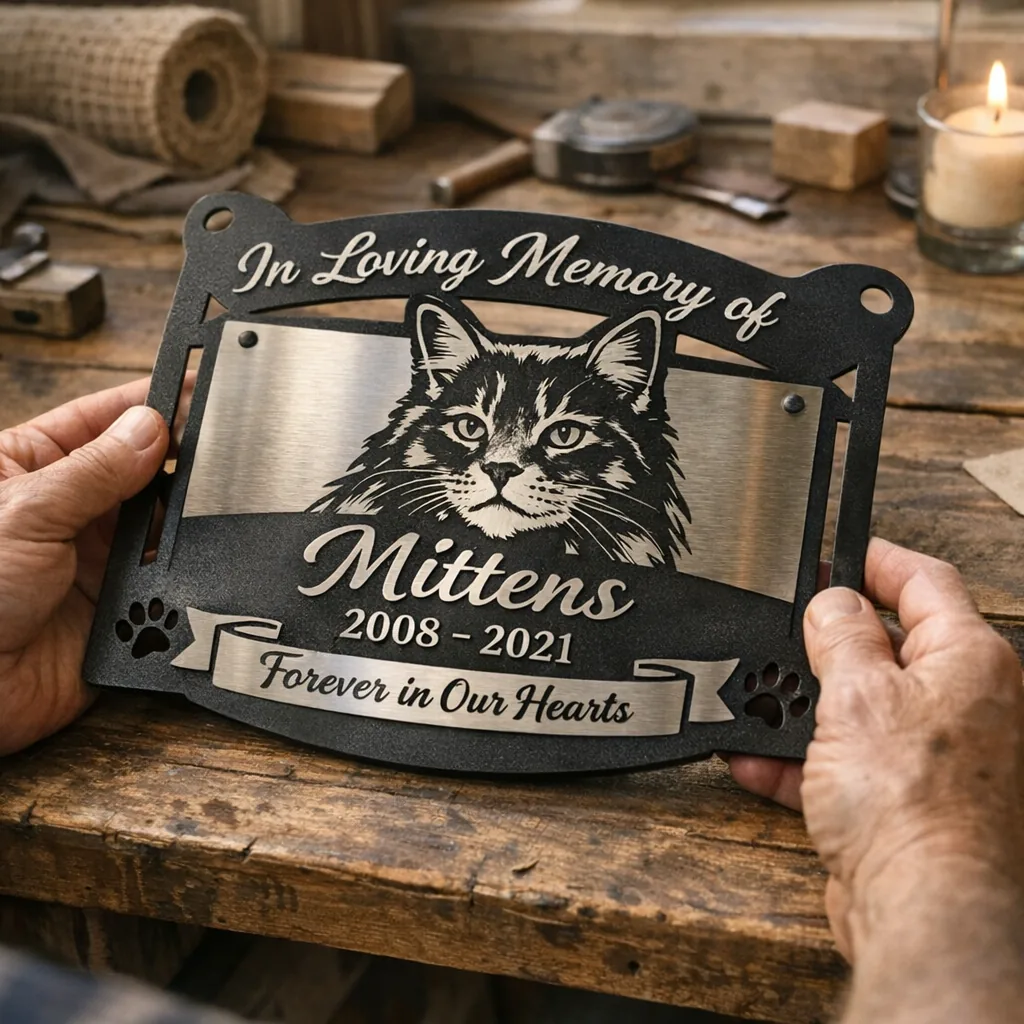Personalized Cat Memorial Gifts Made by Hand 1 personalized cat memorial gifts inspected by hand in a metal sign workshop