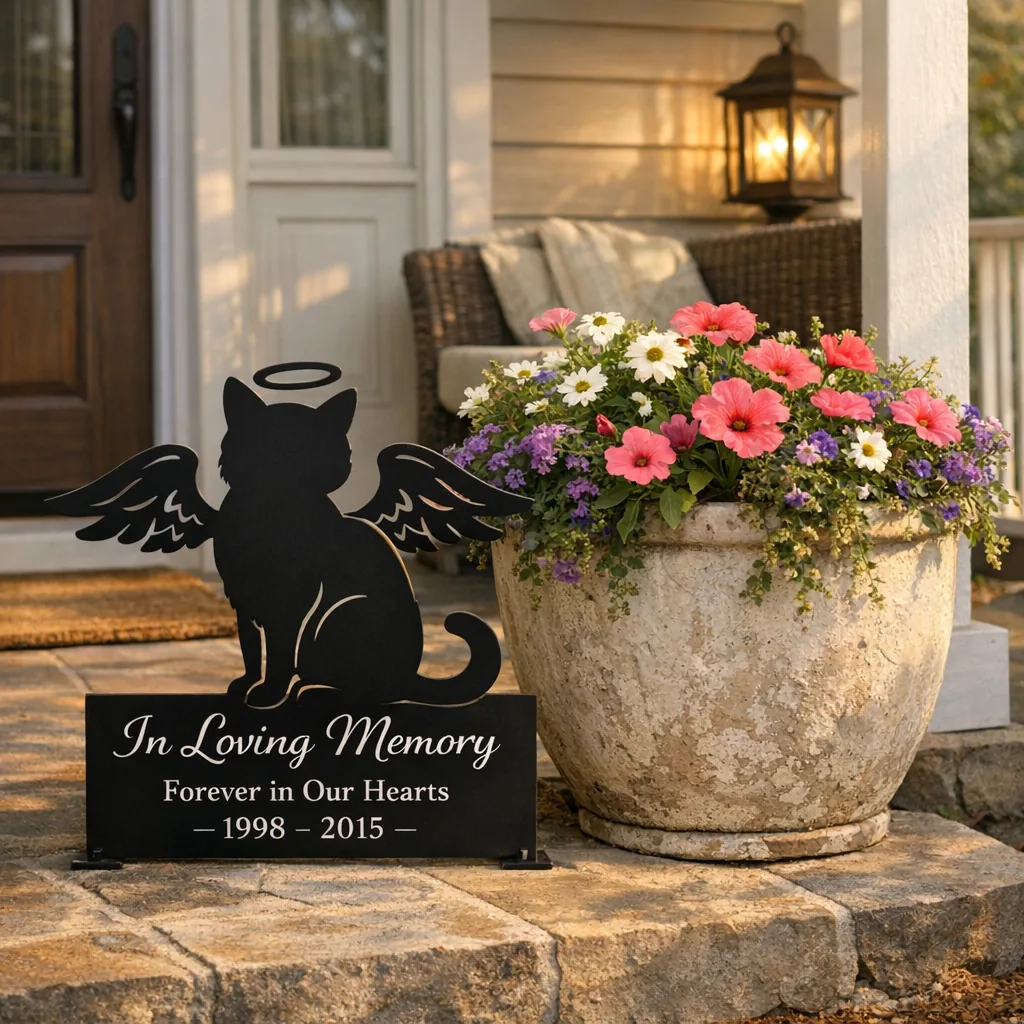 Personalized Cat Memorial Gifts Made by Hand 3 personalized cat memorial gifts displayed by a porch planter