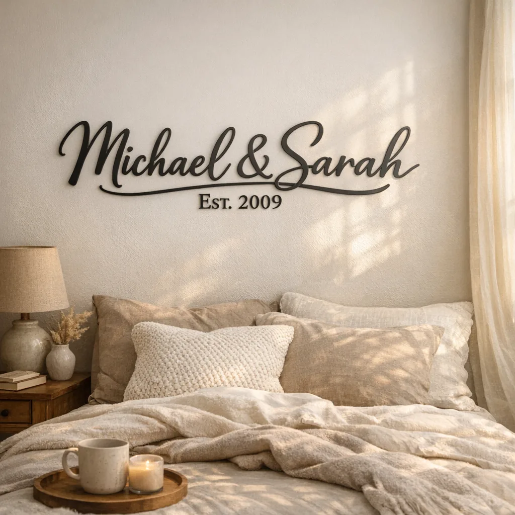 Personalized metal anniversary sign hanging in a warm bedroom setting