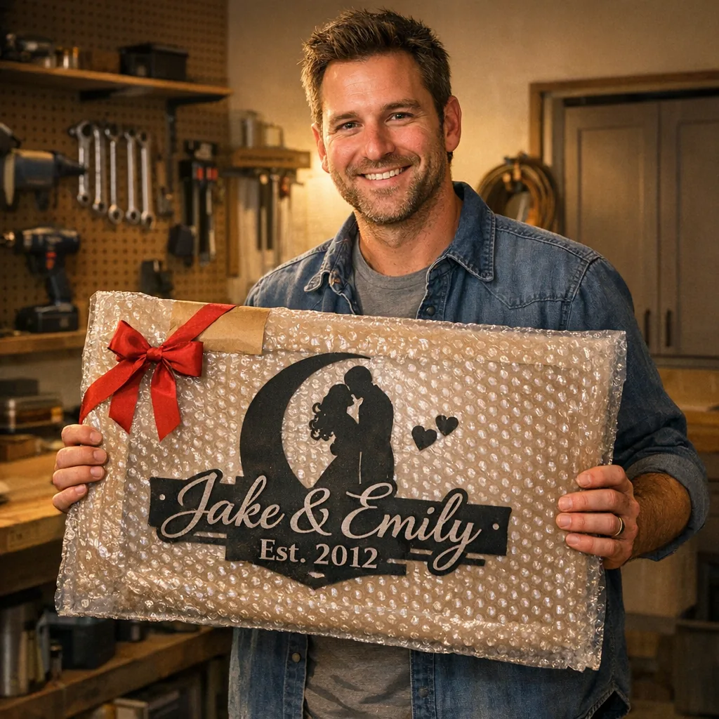 Personalized metal anniversary sign gift idea for a husband in a garage