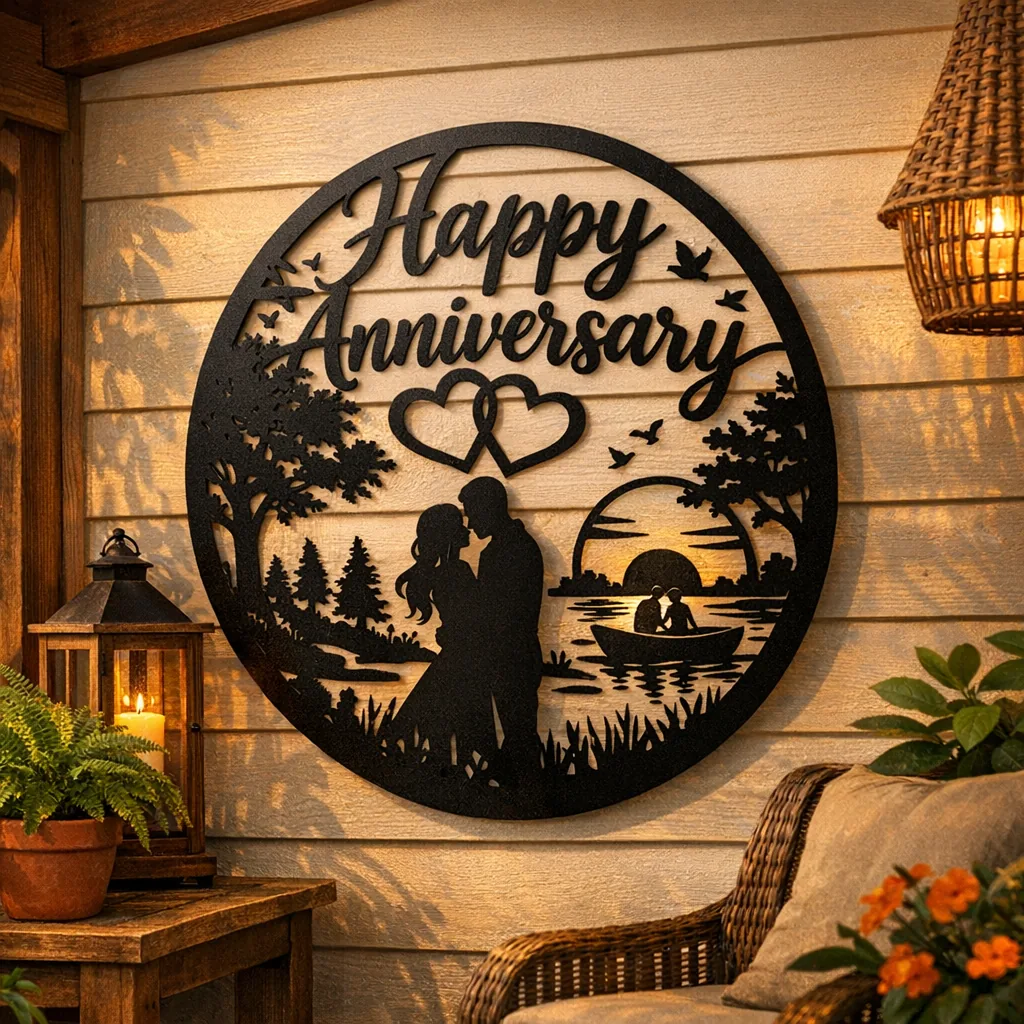 Personalized metal anniversary sign displayed on a covered porch