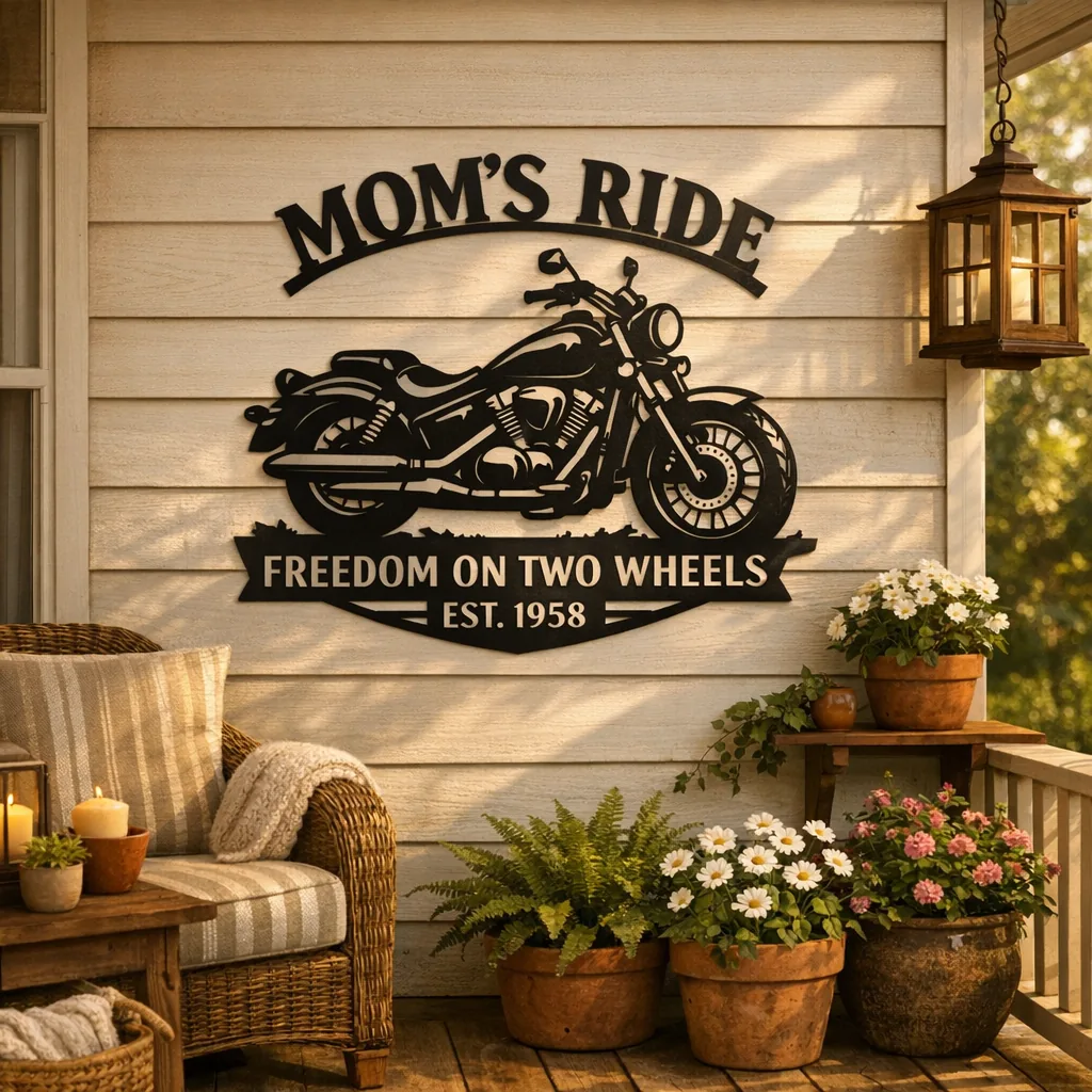 Personalized metal motorcycle sign displayed on a warm porch as a gift for Mom