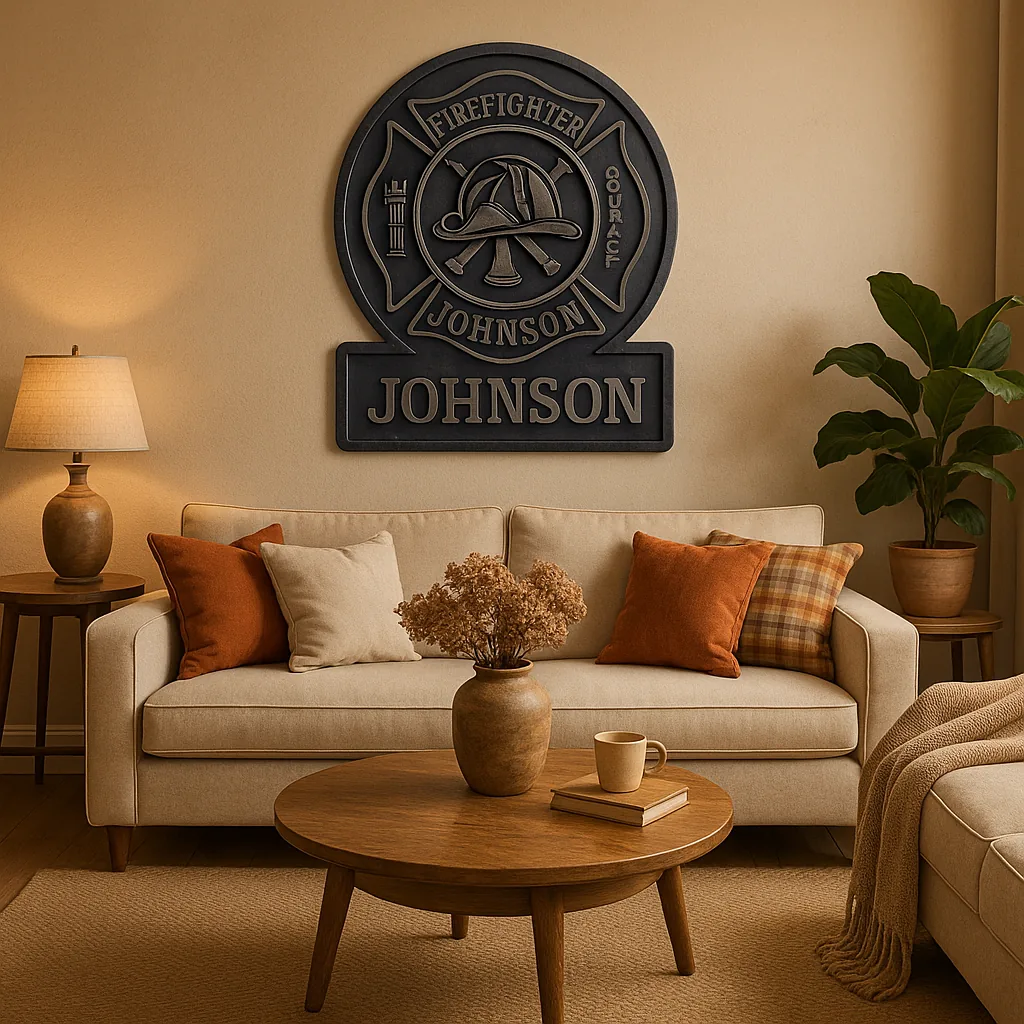 Firefighter-themed personalized metal wall hanging in a living room.