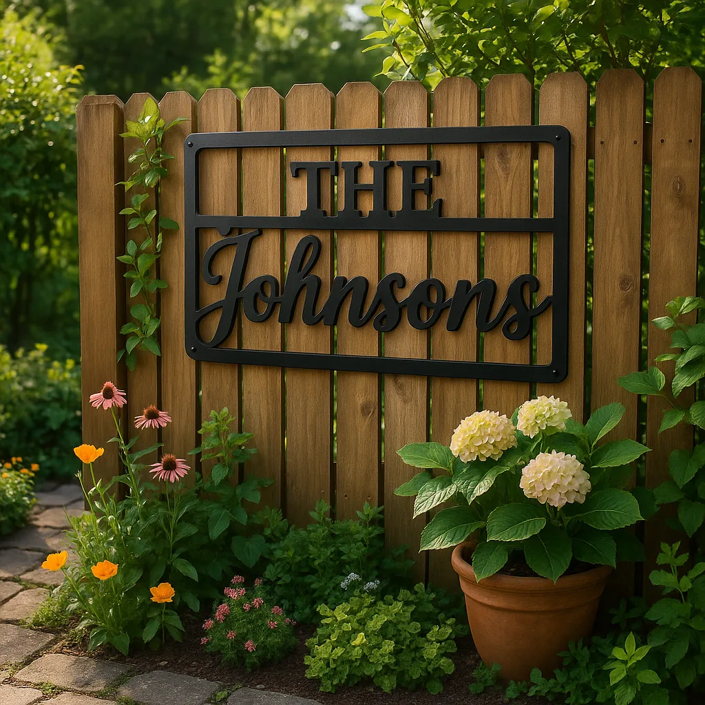 Family name personalized metal wall hanging in a garden.