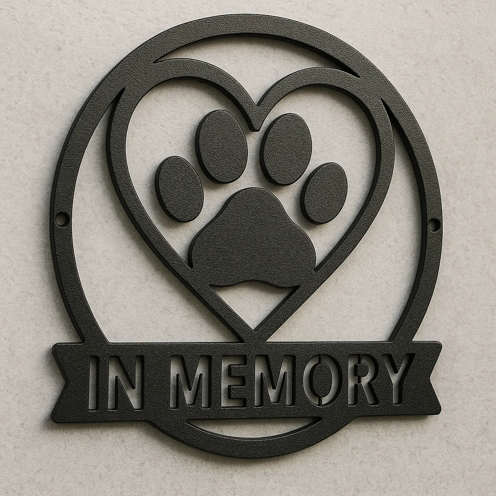 Pet memorial personalized metal wall hanging made of powder-coated steel.