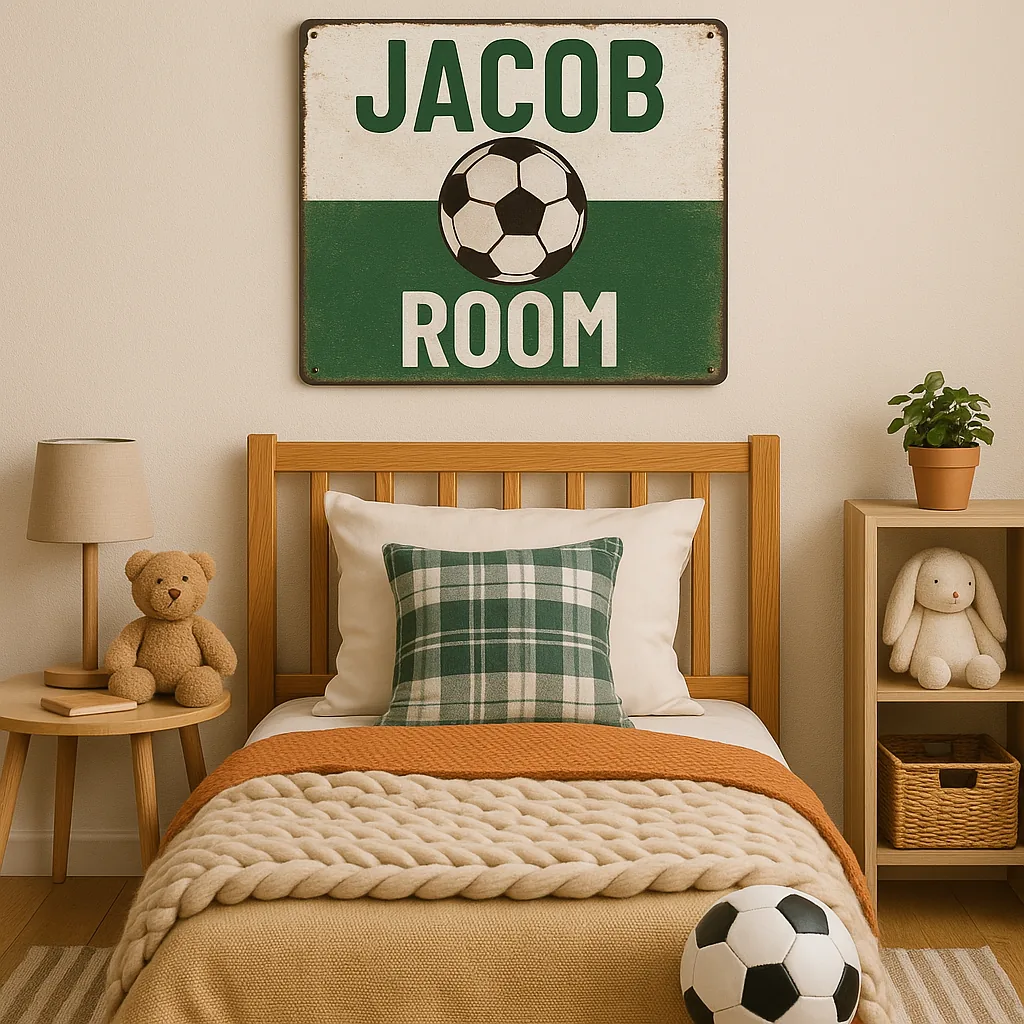 Soccer-themed personalized metal sign in a kid's room.