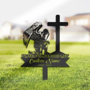 Soldier Kneeling at Cross Metal Veteran Grave Marker Stake