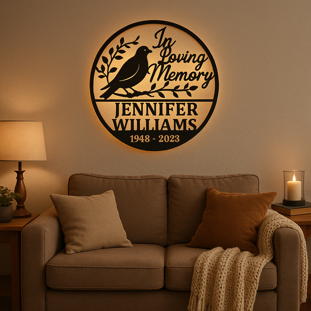 A unique memorial wall decor piece in a cozy living room setting.