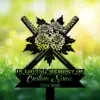 Garden memorial sign with crossed swords and chrysanthemum bouquet above text reading "In Loving Memory" and a customizable name and dates, set against sunlit grass background