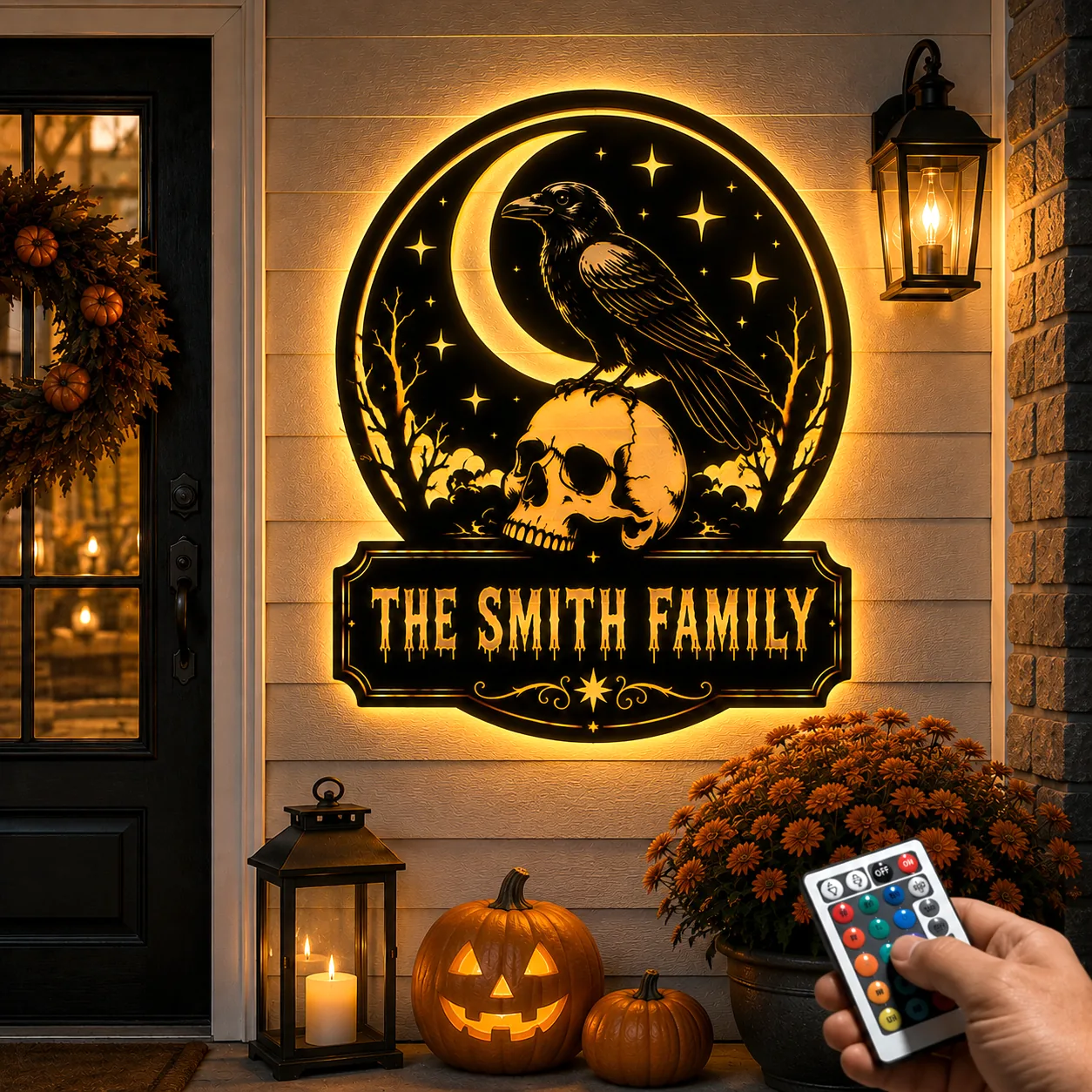 Illuminated Halloween porch sign reading “The Smith Family” with a crow on a skull under a crescent moon, jack-o’-lanterns, lantern, and a hand holding an LED remote