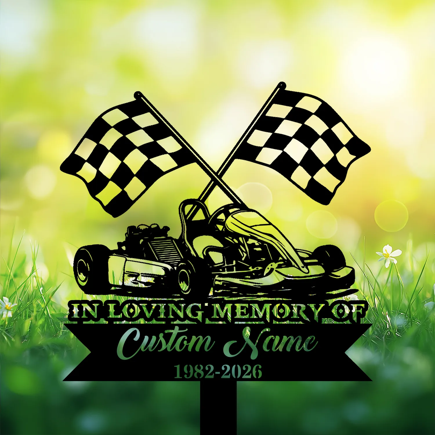 10-2 Black silhouette of a race car with crossed checkered flags and text reading "In Loving Memory of Custom Name 1982-2026" over a sunlit grassy background