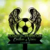 Black silhouette memorial sign with angel wings around a soccer ball over a grass field, text reads "IN LOVING MEMORY OF" and placeholder "Custom Name" with dates 1982-2026