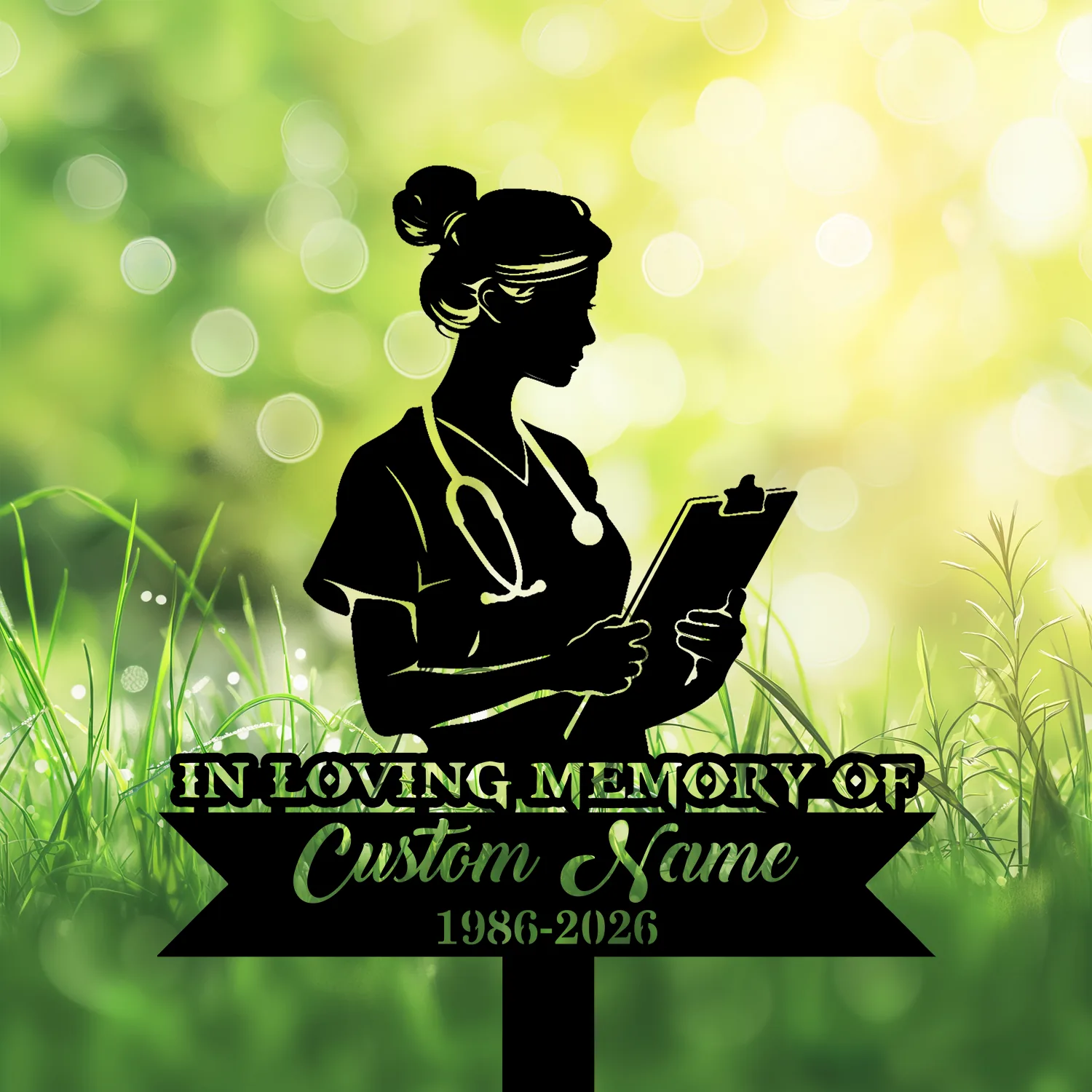 10 Silhouette of a female nurse with a stethoscope holding a clipboard over grassy, sunlit bokeh background with memorial text reading "In Loving Memory of Custom Name 1986-2026"
