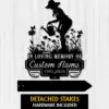 Black silhouette memorial sign of a woman watering flowers with butterflies, text reading "In Loving Memory of Custom Name 1987-2026" on a white wood background