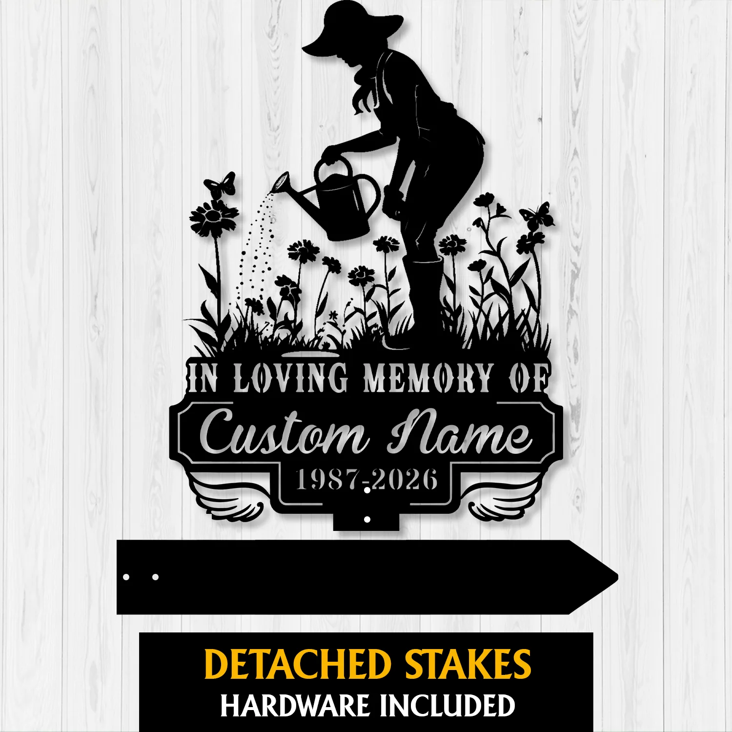 Black silhouette memorial sign of a woman watering flowers with butterflies, text reading "In Loving Memory of Custom Name 1987-2026" on a white wood background