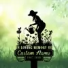 Silhouette memorial garden sign showing a woman watering flowers with a watering can, text reading 'IN LOVING MEMORY OF', 'Custom Name' and dates '1987-2026' on a green blurred background