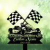 10b-2 Black silhouette memorial sign showing a go-kart with crossed checkered flags and banner reading "In Loving Memory" with customizable name and dates against a soft green grass background