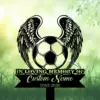 Black silhouette memorial sign with a soccer ball and angel wings over grass and leafy green bokeh background, text reading "IN LOVING MEMORY" and placeholder "Custom Name 1982-2026"