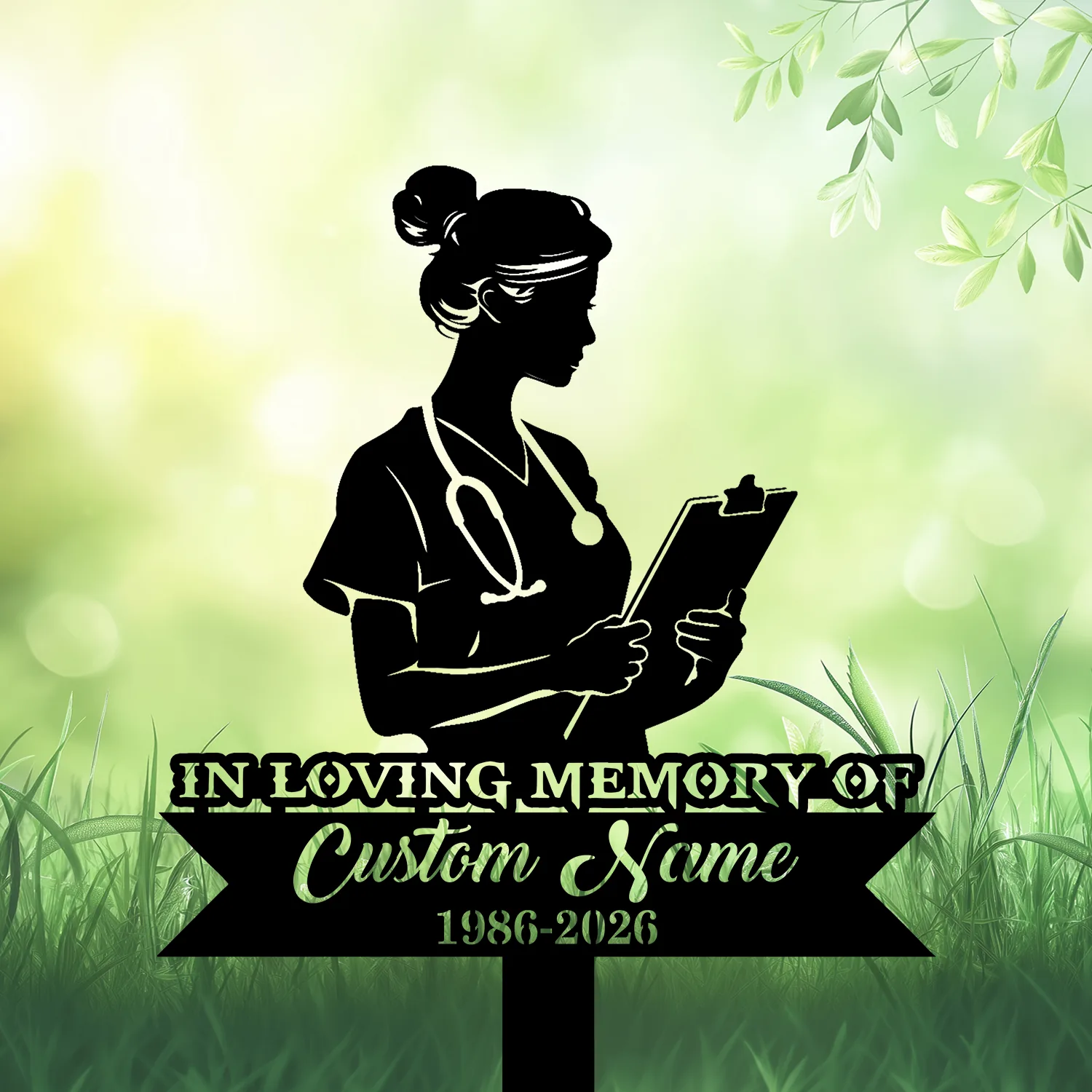 10b Black silhouette of a female nurse with stethoscope holding a clipboard above a memorial sign reading "In Loving Memory of Custom Name 1986-2026" on a green grassy background