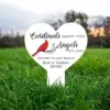 121 White heart-shaped lawn memorial sign reading "Cardinals appear when Angels are near" with a red cardinal illustration and engraved memorial text, placed in grass outdoors at sunset