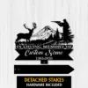 Black metal memorial sign silhouette of a hunter aiming rifle, a stag, mountain and trees with text ‘IN LOVING MEMORY OF Custom Name 1982-2026’ on a white wood background