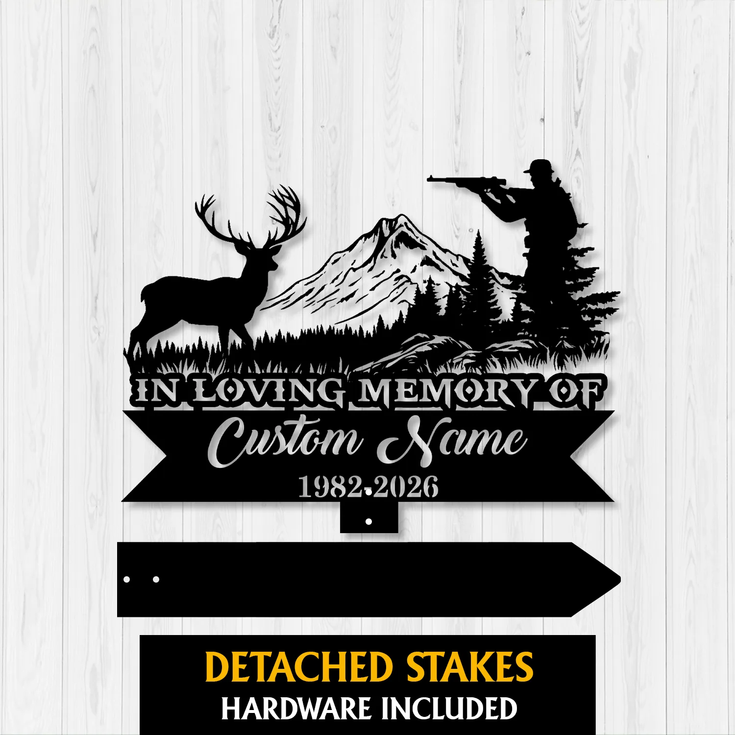 Black metal memorial sign silhouette of a hunter aiming rifle, a stag, mountain and trees with text ‘IN LOVING MEMORY OF Custom Name 1982-2026’ on a white wood background