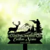 Black silhouette memorial sign with a hunter aiming a rifle at a mountain scene and a standing stag, text reads 'IN LOVING MEMORY OF Custom Name 1982-2026' against a soft green grassy background