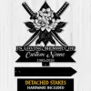 Black memorial sign mockup on white wood background with crossed swords, flowers and leaves, text reading "IN LOVING MEMORY OF Custom Name 1982-2026" and detached stakes note