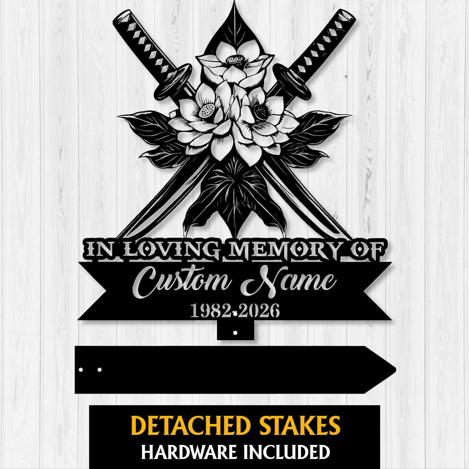 Black memorial sign mockup on white wood background with crossed swords, flowers and leaves, text reading "IN LOVING MEMORY OF Custom Name 1982-2026" and detached stakes note