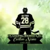 14b Silhouette of a hockey player wearing jersey name MATTHEW and number 28, standing over a memorial sign reading "In Loving Memory" and placeholder "Custom Name 1982-2026" on a green leafy background