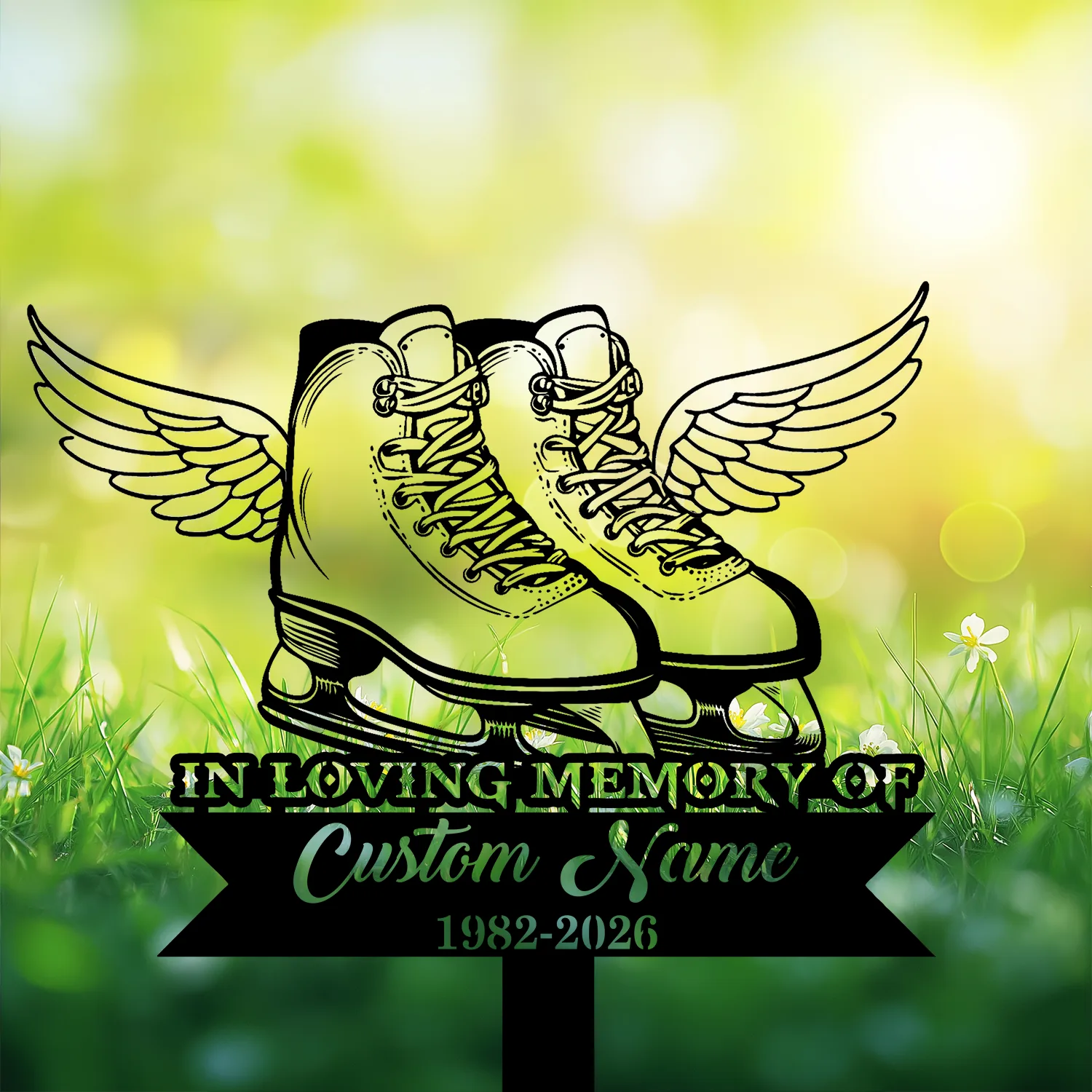 Memorial sign showing winged ice skates above text reading "In Loving Memory of" and placeholder "Custom Name 1982-2026" over a sunlit grassy background