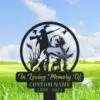 Metal memorial yard sign showing a hunting dog and hunter silhouette with birds, text reading "In Loving Memory Of CUSTOM NAME 1950 - 2024" against a grassy field