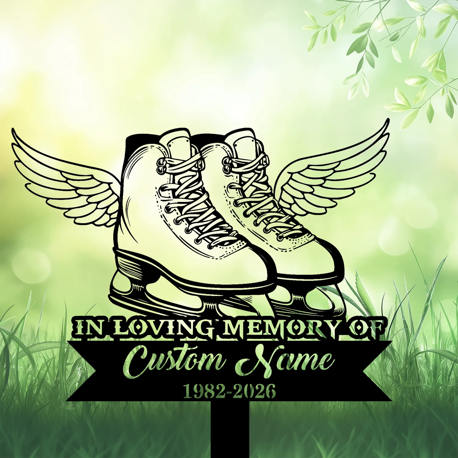 Illustration of winged ice skates above a black memorial banner reading "In Loving Memory" with placeholder "Custom Name" and dates 1982-2026 on a green grassy, leafy background