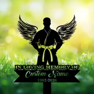 custom martial arts memorial garden stake with wings — personalized name & dates tribute