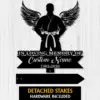 Black memorial sign silhouette of a martial artist with angel wings, text reading “IN LOVING MEMORY OF Custom Name 1982-2026” on a white wood background