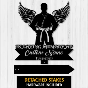 custom martial arts memorial garden stake with wings — personalized name & dates tribute