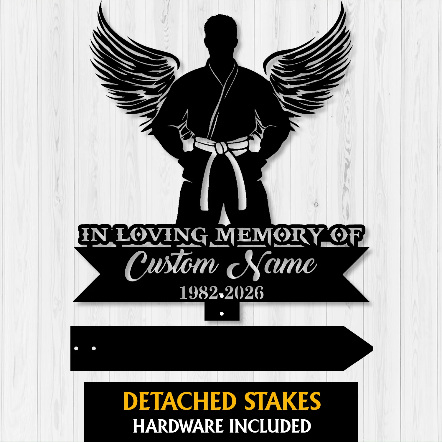 Black memorial sign silhouette of a martial artist with angel wings, text reading “IN LOVING MEMORY OF Custom Name 1982-2026” on a white wood background