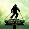 Black silhouette of a skier on a memorial lawn sign reading "In Loving Memory" with placeholder "Custom Name" and dates 1986-2026 against a soft green leafy background