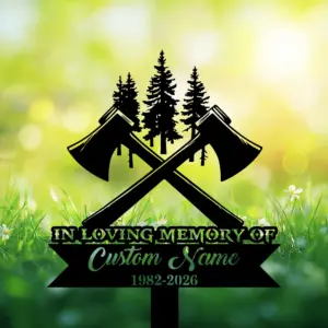 Personalized Woodsman Memorial Garden Stake with Crossed Axes & Pine Trees
