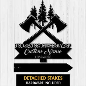 Personalized Woodsman Memorial Garden Stake with Crossed Axes & Pine Trees